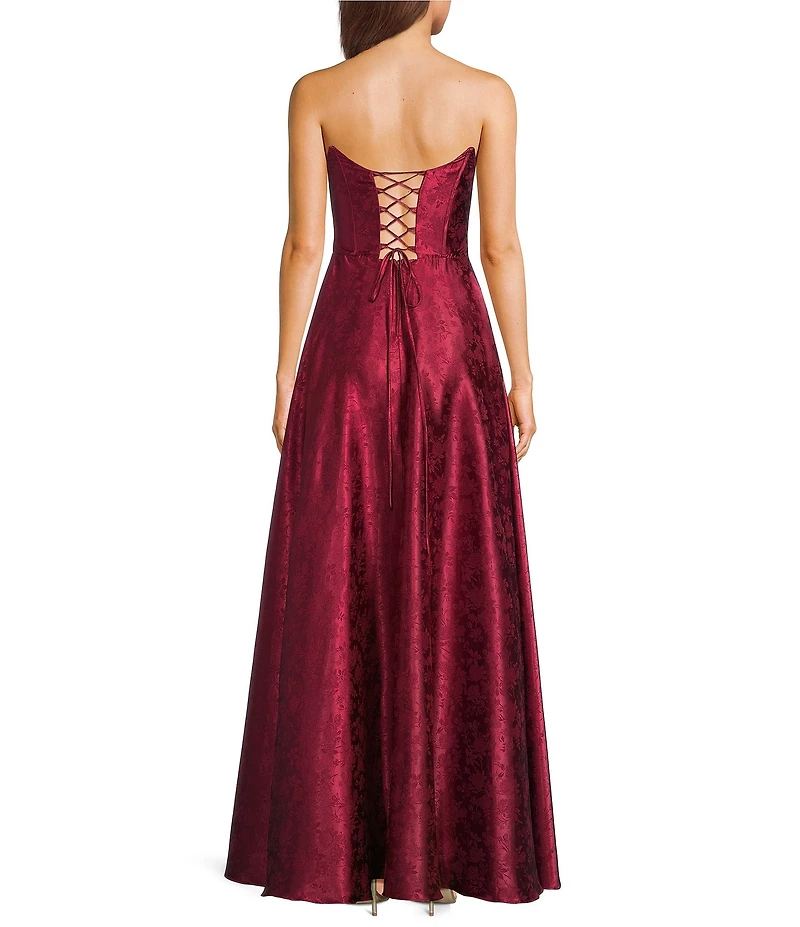 B. Darlin Strapless Corseted Lace Up Back Side Slit Long Dress