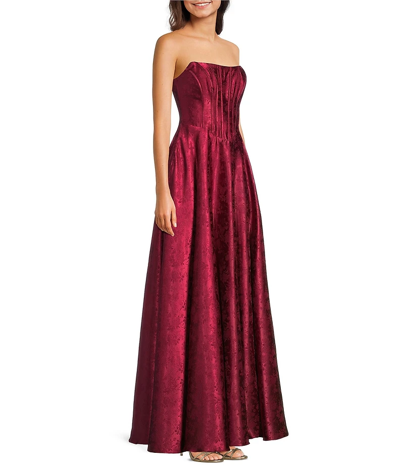 B. Darlin Strapless Corseted Lace Up Back Side Slit Long Dress