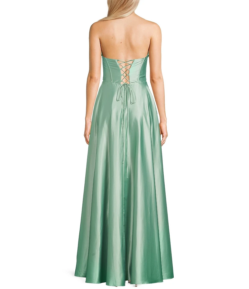 B. Darlin Strapless Drape Neck Corseted Bustier Side Slit Dress