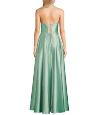 B. Darlin Strapless Drape Neck Corseted Bustier Side Slit Dress