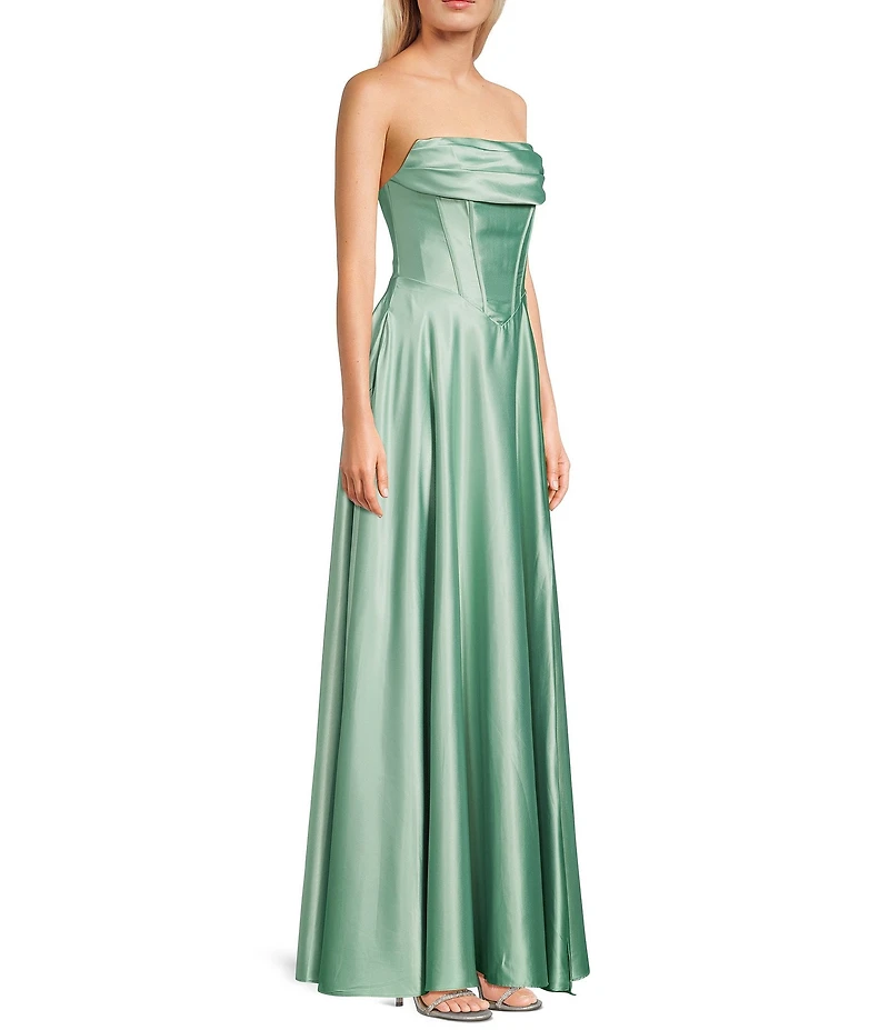 B. Darlin Strapless Drape Neck Corseted Bustier Side Slit Dress