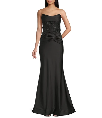 B. Darlin Strapless Drape Neck Illusion Bodice Dress