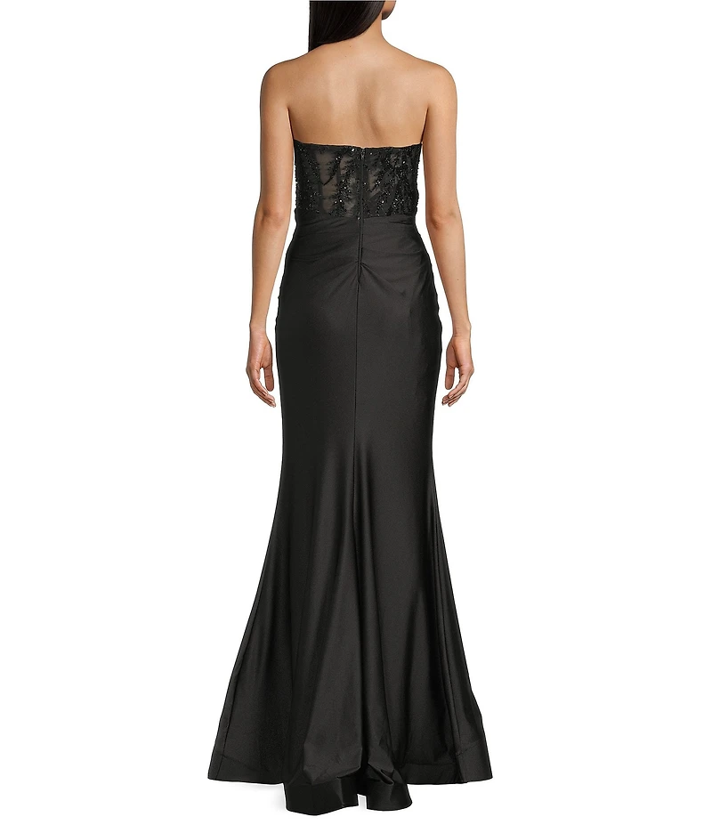 B. Darlin Strapless Drape Neck Illusion Bodice Dress
