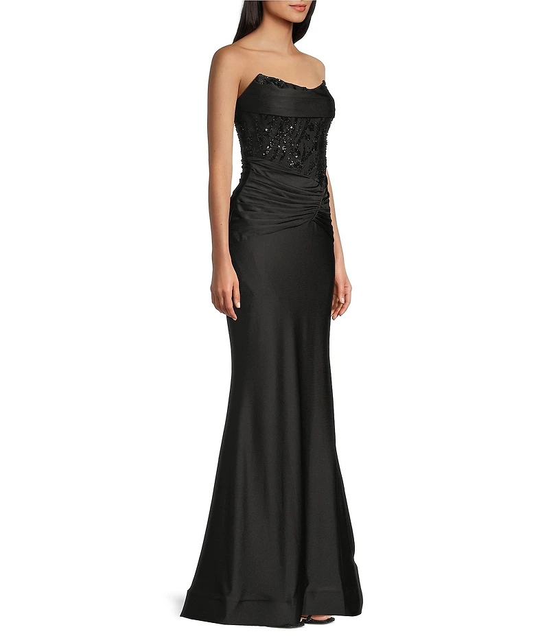 B. Darlin Strapless Drape Neck Illusion Bodice Dress