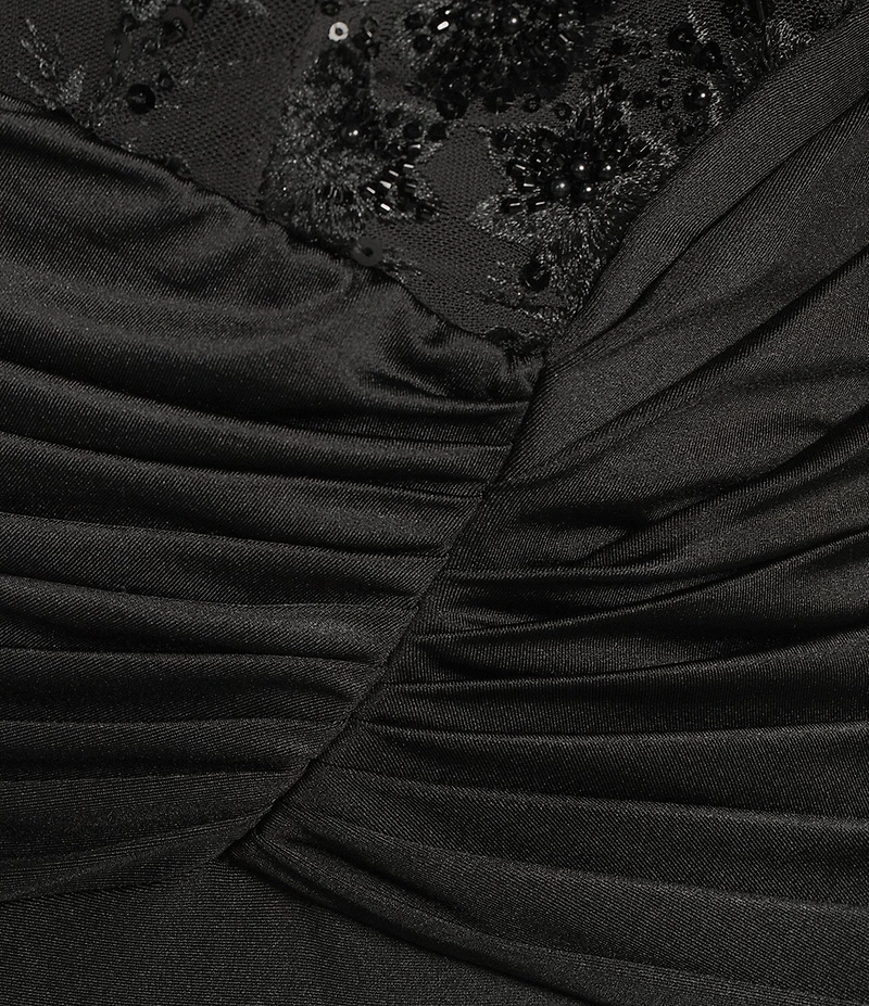 B. Darlin Strapless Drape Neck Illusion Bodice Dress