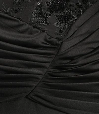 B. Darlin Strapless Drape Neck Illusion Bodice Dress