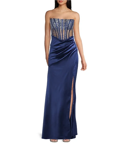 B. Darlin Strapless Embellished Illusion Corseted Bodice Faux Wrap Lace Up Back Side Slit Dress