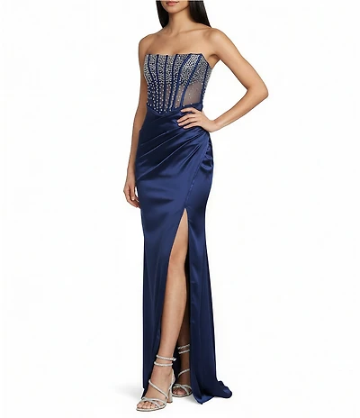 B. Darlin Strapless Embellished Illusion Corseted Bodice Faux Wrap Lace Up Back Side Slit Dress