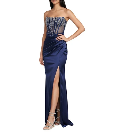 B. Darlin Strapless Embellished Illusion Corseted Bodice Faux Wrap Lace Up Back Side Slit Long Dress