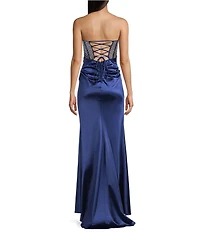 B. Darlin Strapless Embellished Illusion Corseted Bodice Faux Wrap Lace Up Back Side Slit Long Dress