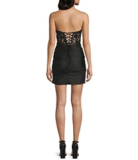 B. Darlin Strapless Illusion Bodice Lace Up Back Shirred Dress