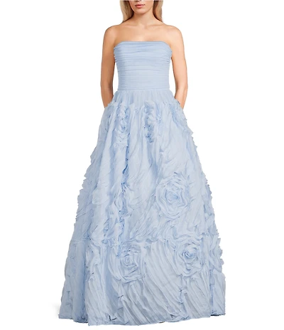 B. Darlin Strapless Shirred Bodice Floral Detailed Skirted Long Ballgown