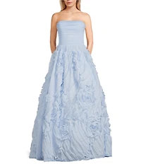 B. Darlin Strapless Shirred Bodice Floral Detailed Skirted Long Ballgown