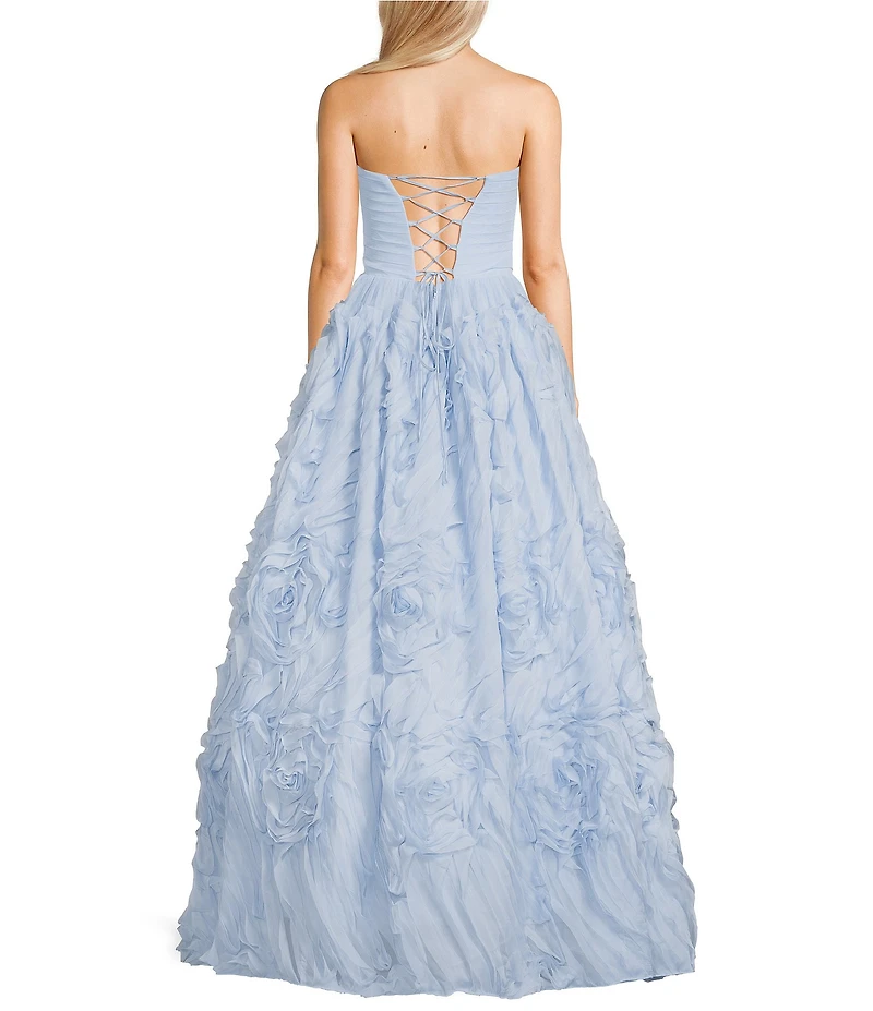 B. Darlin Strapless Shirred Bodice Floral Detailed Skirted Long Ballgown