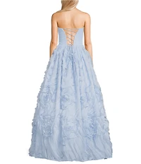 B. Darlin Strapless Shirred Bodice Floral Detailed Skirted Long Ballgown