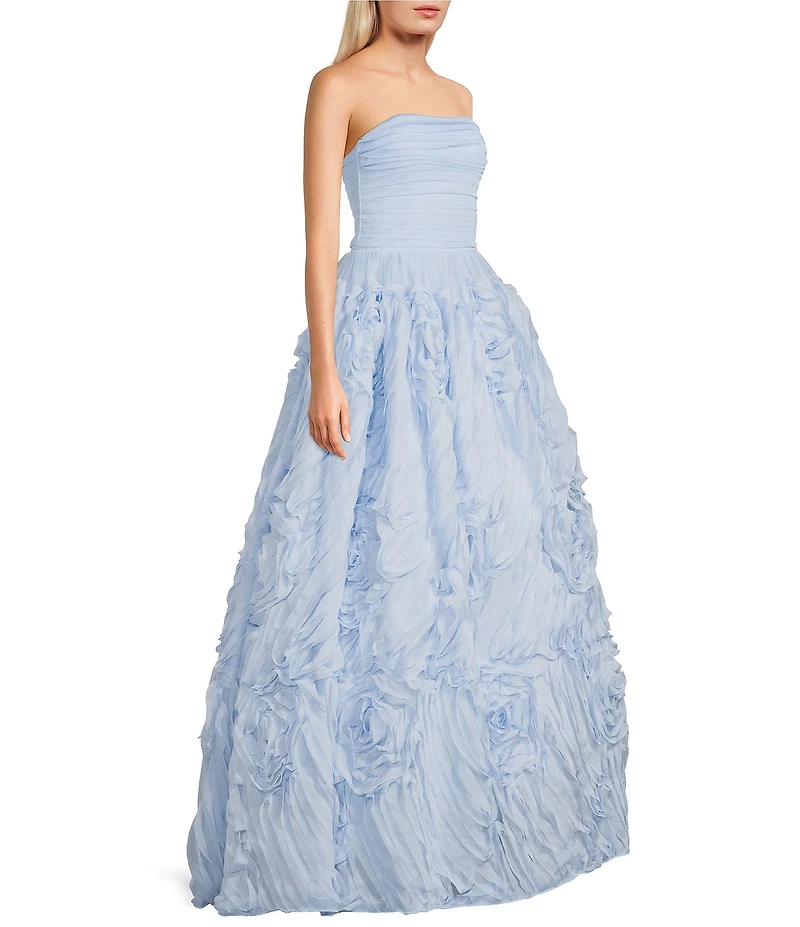 B. Darlin Strapless Shirred Bodice Floral Detailed Skirted Long Ballgown