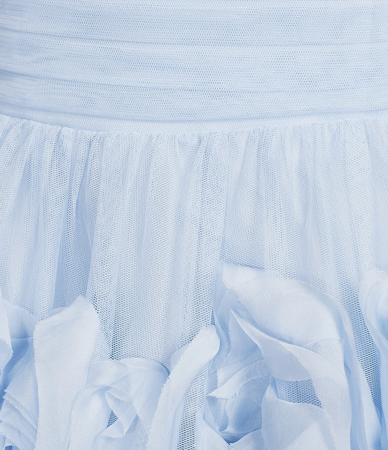 B. Darlin Strapless Shirred Bodice Floral Detailed Skirted Long Ballgown