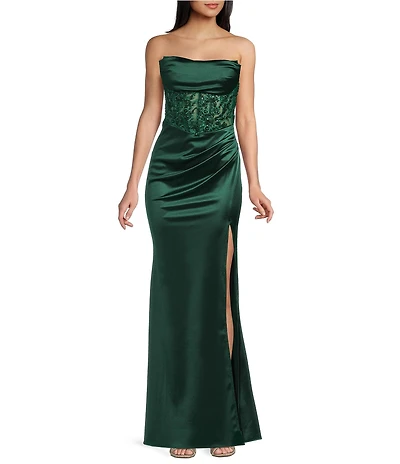B. Darlin Strapless Sweetheart Drape Neck Appliqued Illusion Corseted Bustier Long Dress