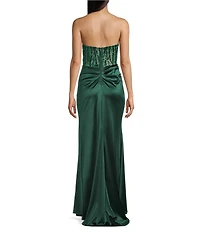 B. Darlin Strapless Sweetheart Drape Neck Appliqued Illusion Corseted Bustier Long Dress