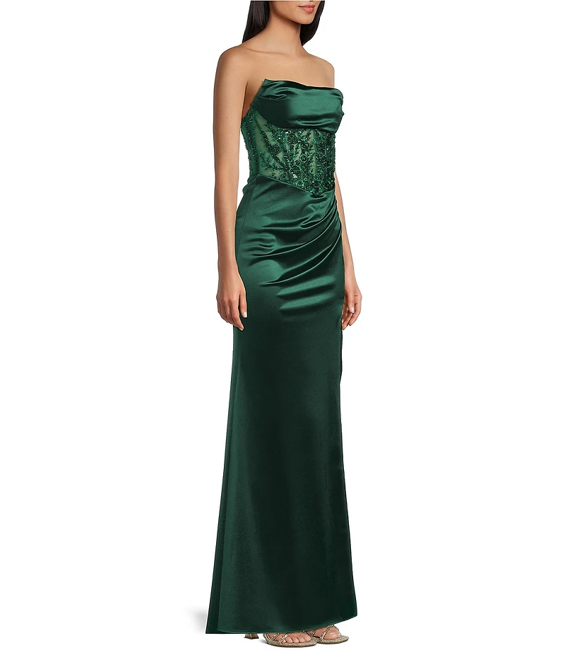B. Darlin Strapless Sweetheart Drape Neck Appliqued Illusion Corseted Bustier Long Dress