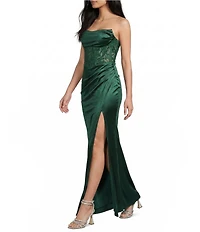 B. Darlin Strapless Sweetheart Drape Neck Appliqued Illusion Corseted Bustier Long Dress