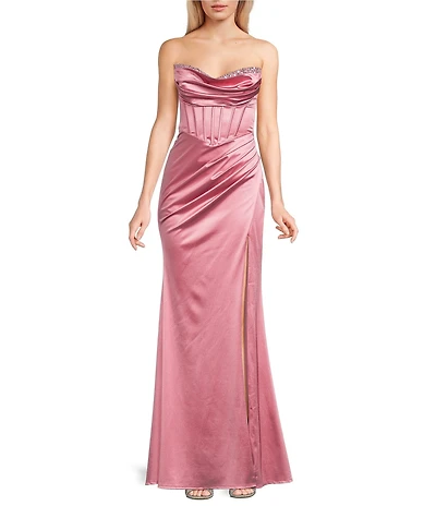 B. Darlin Strapless Sweetheart Drape Neck Stone Embellished Corseted Lace-Up Back Long Dress