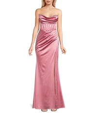 B. Darlin Strapless Sweetheart Drape Neck Stone Embellished Corseted Lace-Up Back Long Dress