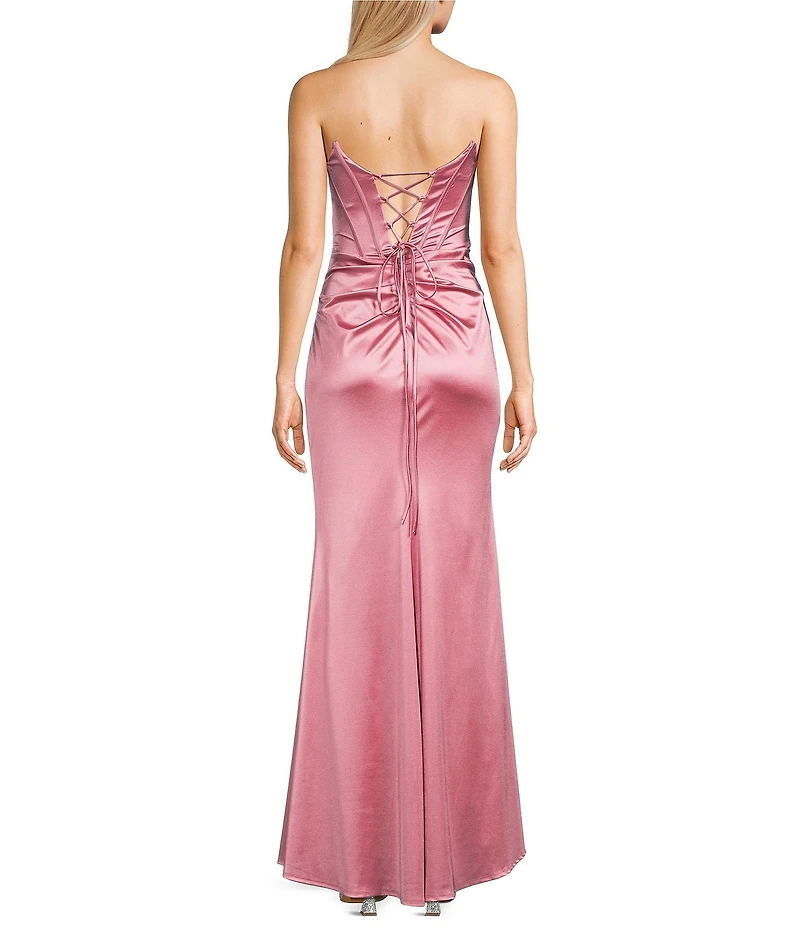 B. Darlin Strapless Sweetheart Drape Neck Stone Embellished Corseted Lace-Up Back Long Dress