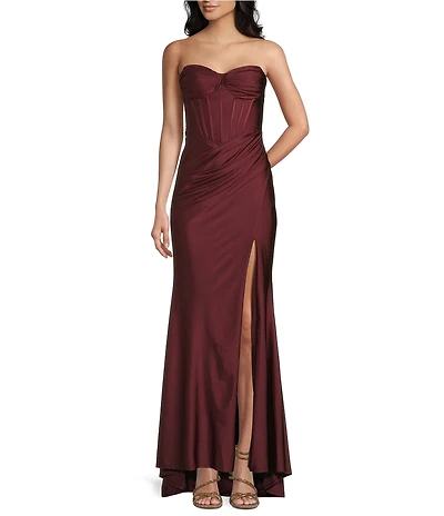 B. Darlin Strapless Sweetheart Neck Corseted Faux Wrap Dress