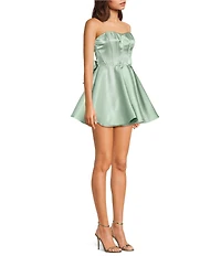 B. Darlin Strapless Sweetheart Neck Corseted Fit-And-Flare Bow Back Dress