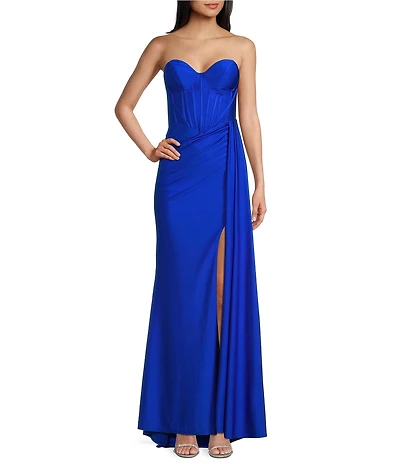 B. Darlin Strapless Sweetheart Neck Corseted Wrap Front Side Tail Long Dress