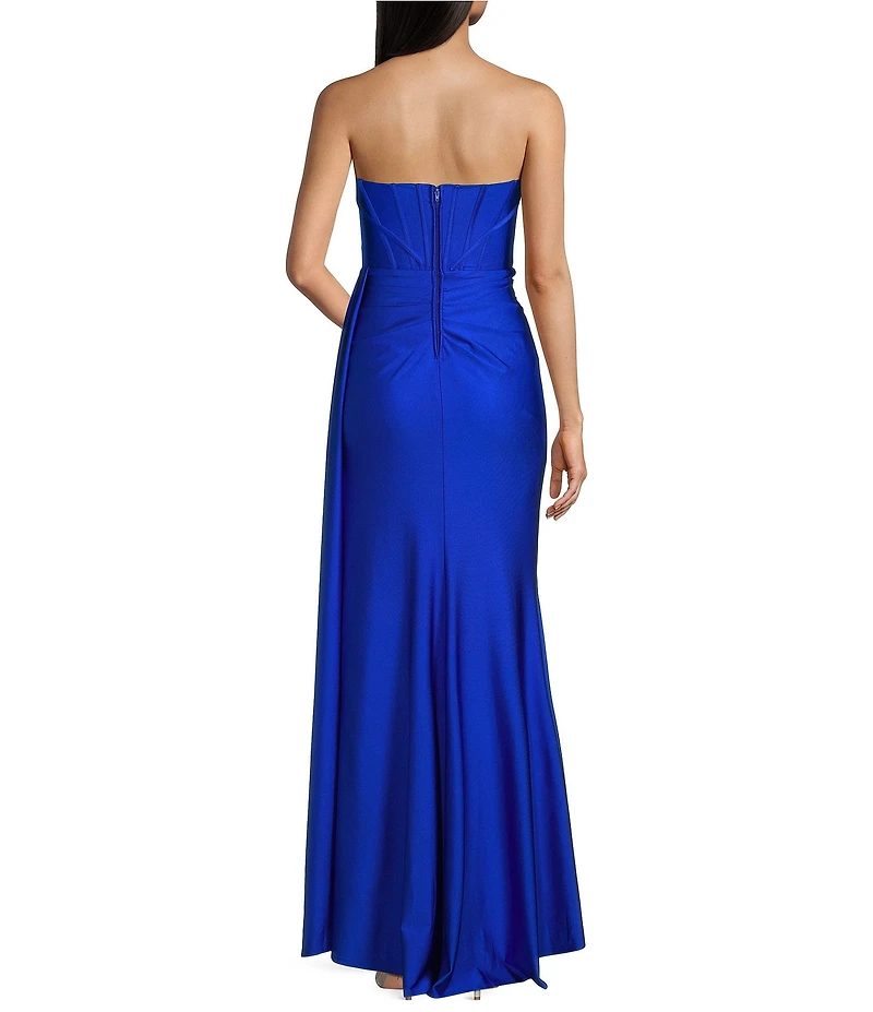 B. Darlin Strapless Sweetheart Neck Corseted Wrap Front Side Tail Long Dress
