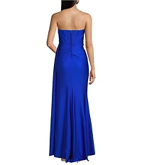 B. Darlin Strapless Sweetheart Neck Corseted Wrap Front Side Tail Long Dress