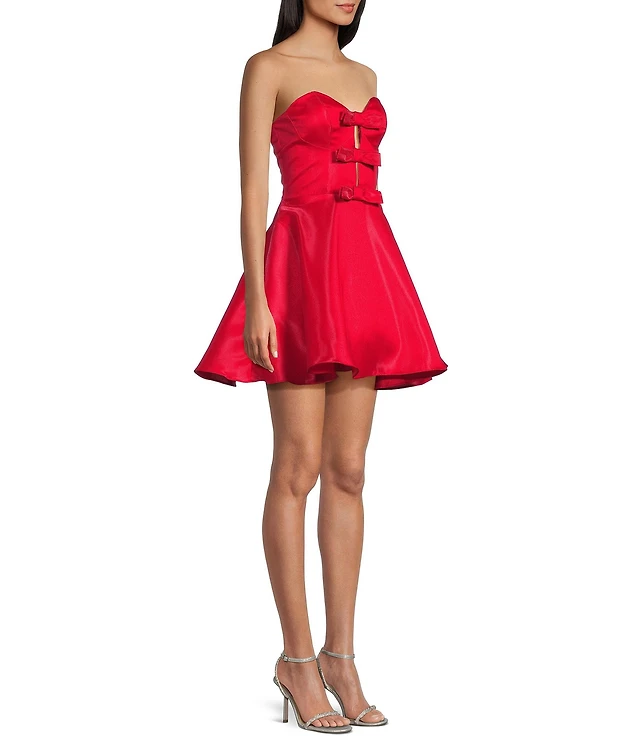 Darlin Velvet Strapless Rhinestone Double Bow Front Fit Flare