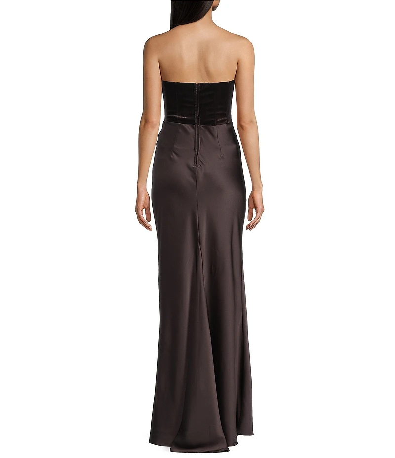 B. Darlin Strapless Velvet Corseted Satin Drape Front Dress
