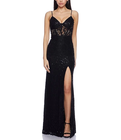 B. Darlin Stretch Sequin Lace V-Neck Spaghetti Strap Bustier Illusion Waist Front Slit Dress