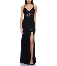 B. Darlin Stretch Sequin Lace V-Neck Spaghetti Strap Bustier Illusion Waist Front Slit Dress