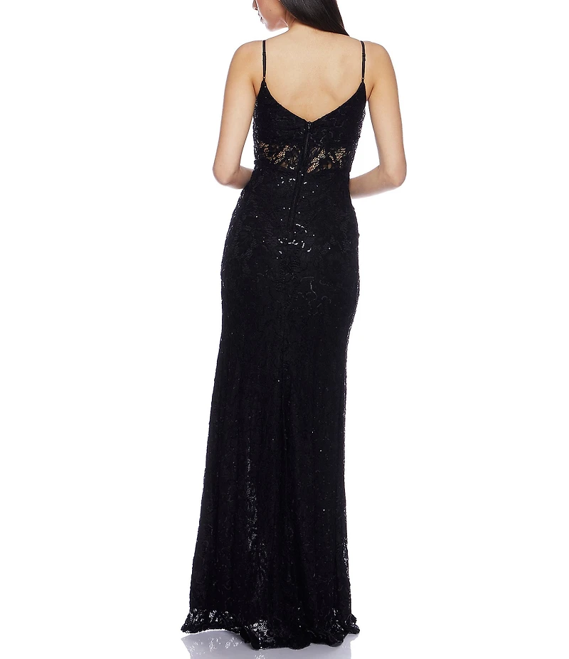 B. Darlin Stretch Sequin Lace V-Neck Spaghetti Strap Bustier Illusion Waist Front Slit Dress