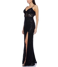 B. Darlin Stretch Sequin Lace V-Neck Spaghetti Strap Bustier Illusion Waist Front Slit Dress