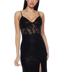 B. Darlin Stretch Sequin Lace V-Neck Spaghetti Strap Bustier Illusion Waist Front Slit Dress