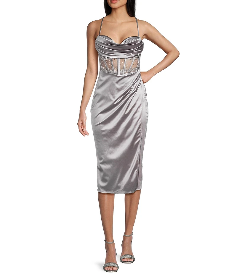B. Darlin Sweetheart Drape Neck Rhinestone Illusion Midi Dress