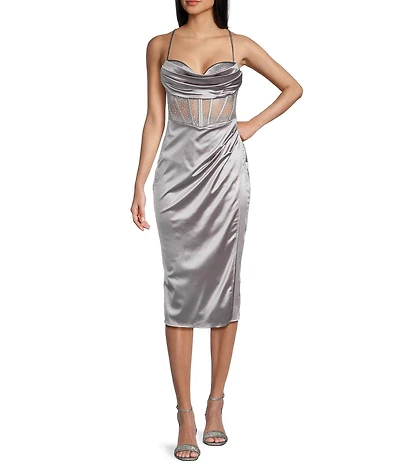 B. Darlin Sweetheart Drape Neck Rhinestone Illusion Midi Dress