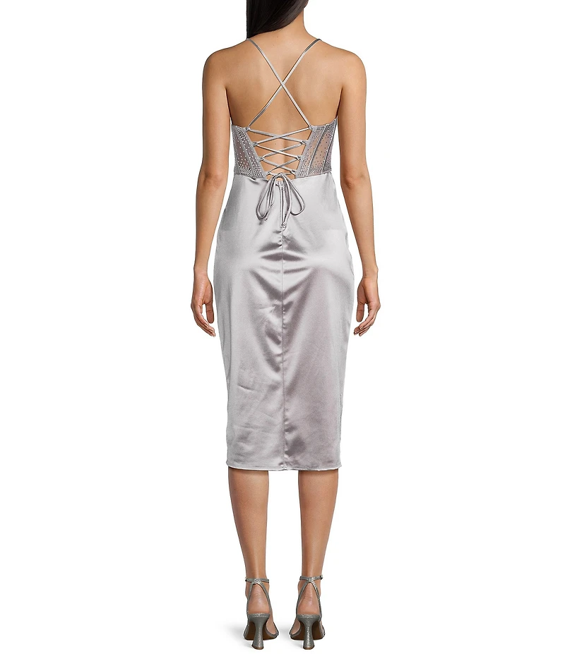 B. Darlin Sweetheart Drape Neck Rhinestone Illusion Midi Dress