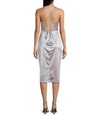 B. Darlin Sweetheart Drape Neck Rhinestone Illusion Midi Dress