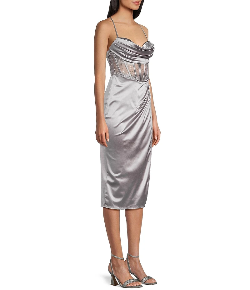 B. Darlin Sweetheart Drape Neck Rhinestone Illusion Midi Dress