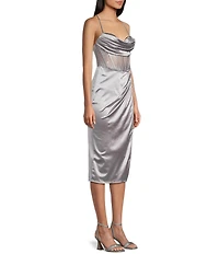 B. Darlin Sweetheart Drape Neck Rhinestone Illusion Midi Dress