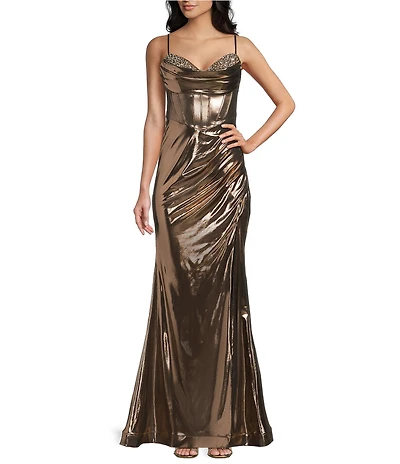 B. Darlin Sweetheart Drape Neck Stone Detailed Corseted Wrap Front Long Dress