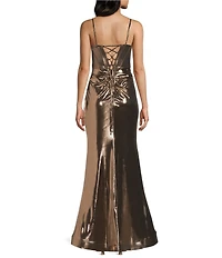 B. Darlin Sweetheart Drape Neck Stone Detailed Corseted Wrap Front Long Dress