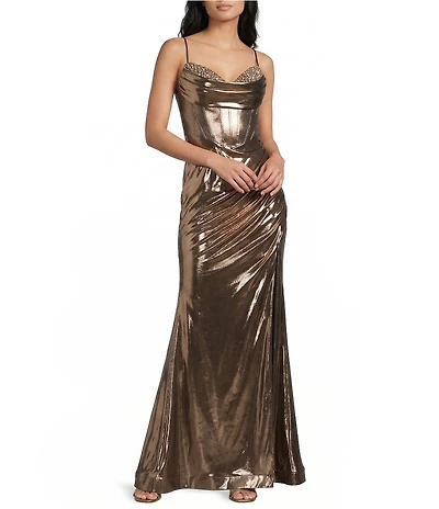 B. Darlin Sweetheart Drape Neck Stone Detailed Corseted Wrap Front Long Dress