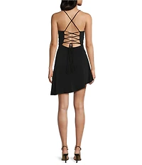 B. Darlin Sweetheart Neck Asymmetrical Hem Lace Up Back Fitted Dress